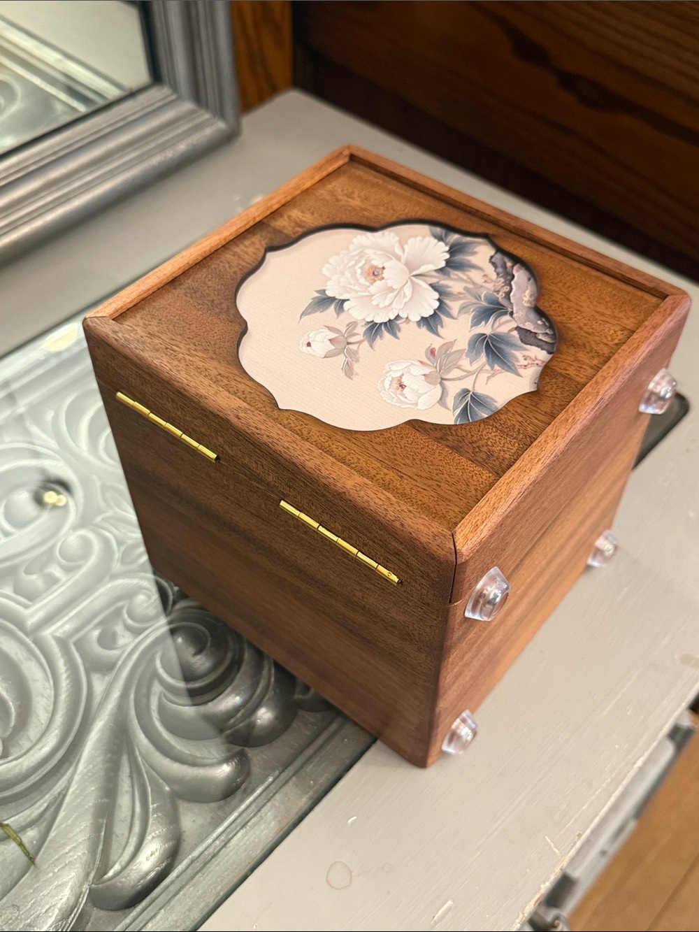 Walnut Jewelry Organizer Box Wooden Floral Box with Gold Handle 4 Tiered Womens - Picture 14 of 16